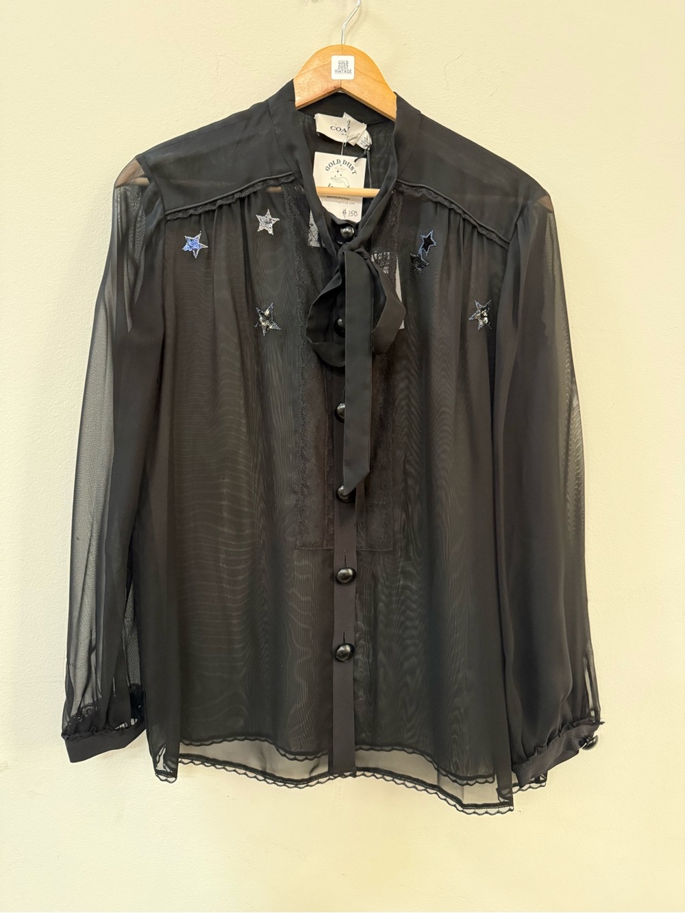 COACH Sheer Black Star Embroidered Tie-Neck Blouse size 10